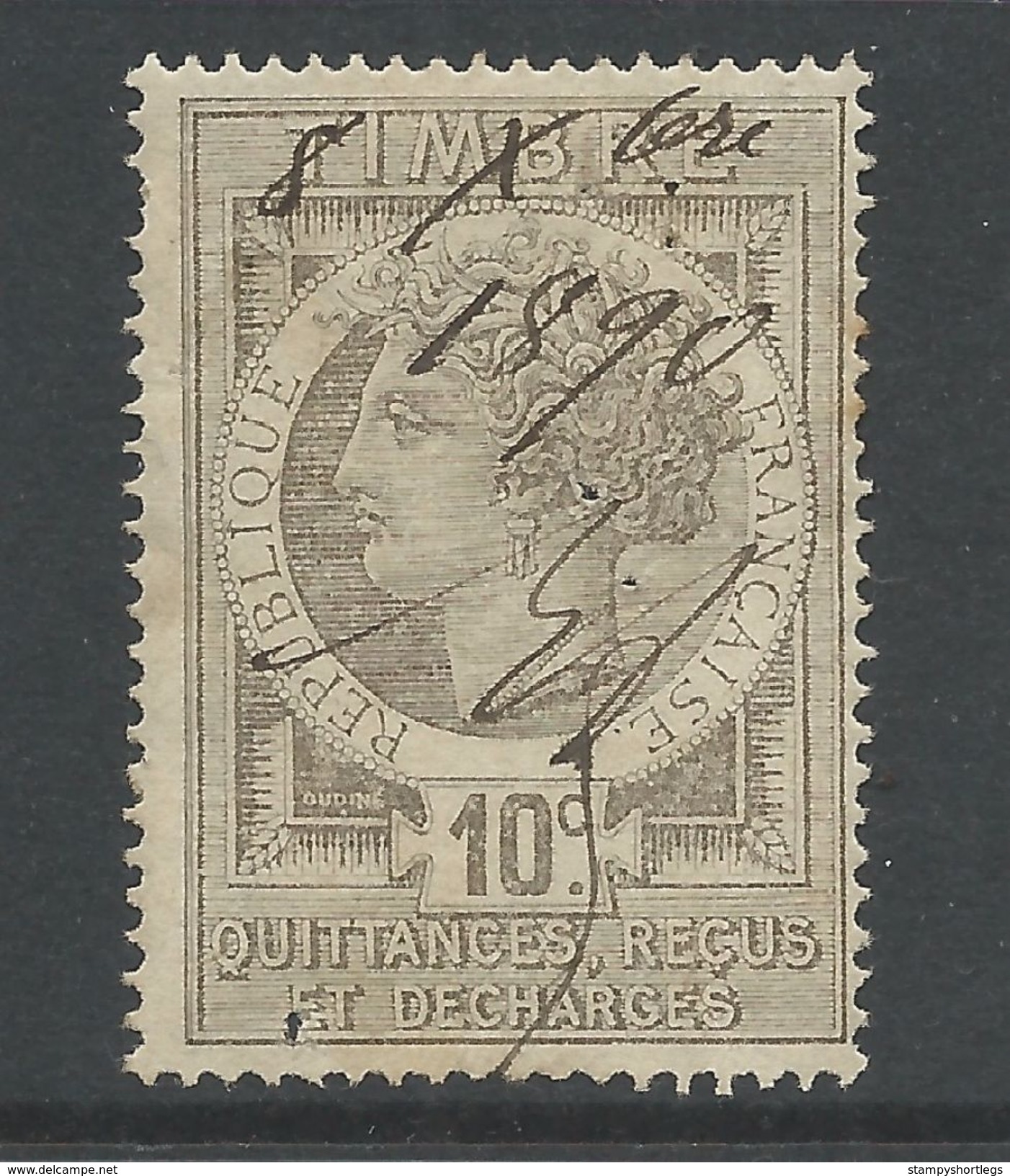 France Revenue Stamp Quittance Ten Cent Grey (on Yelowish)   Hand Canceled - Otros & Sin Clasificación