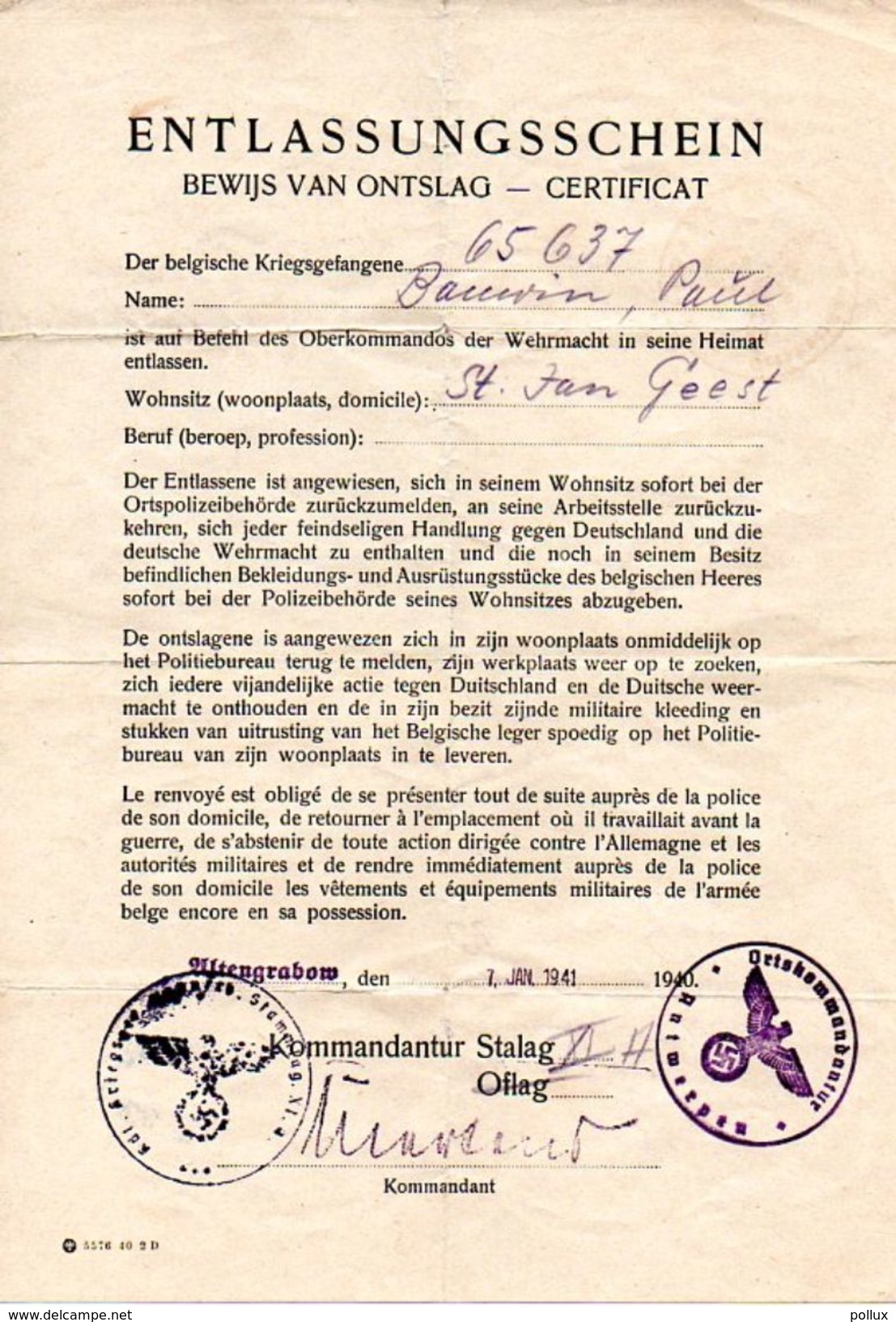 Certificat De Libération Prisonnier De Guerre Stalag XI A ALTENGRABOW 1941 Vers ST Jean-Geest Jodoigne Via ANTWERPEN - Documents