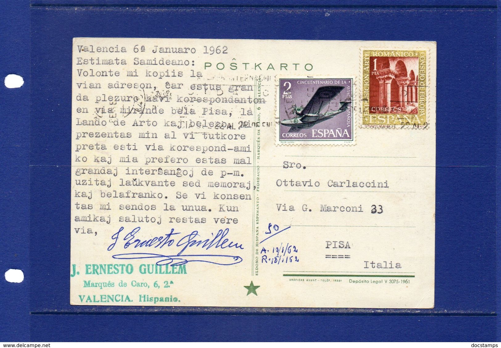 ##(003)POSTAL HISTORY - Spain - 1962 -    1962  23rd Esperanto Congress Postcard Sent To Pisa - Italy - Esperanto