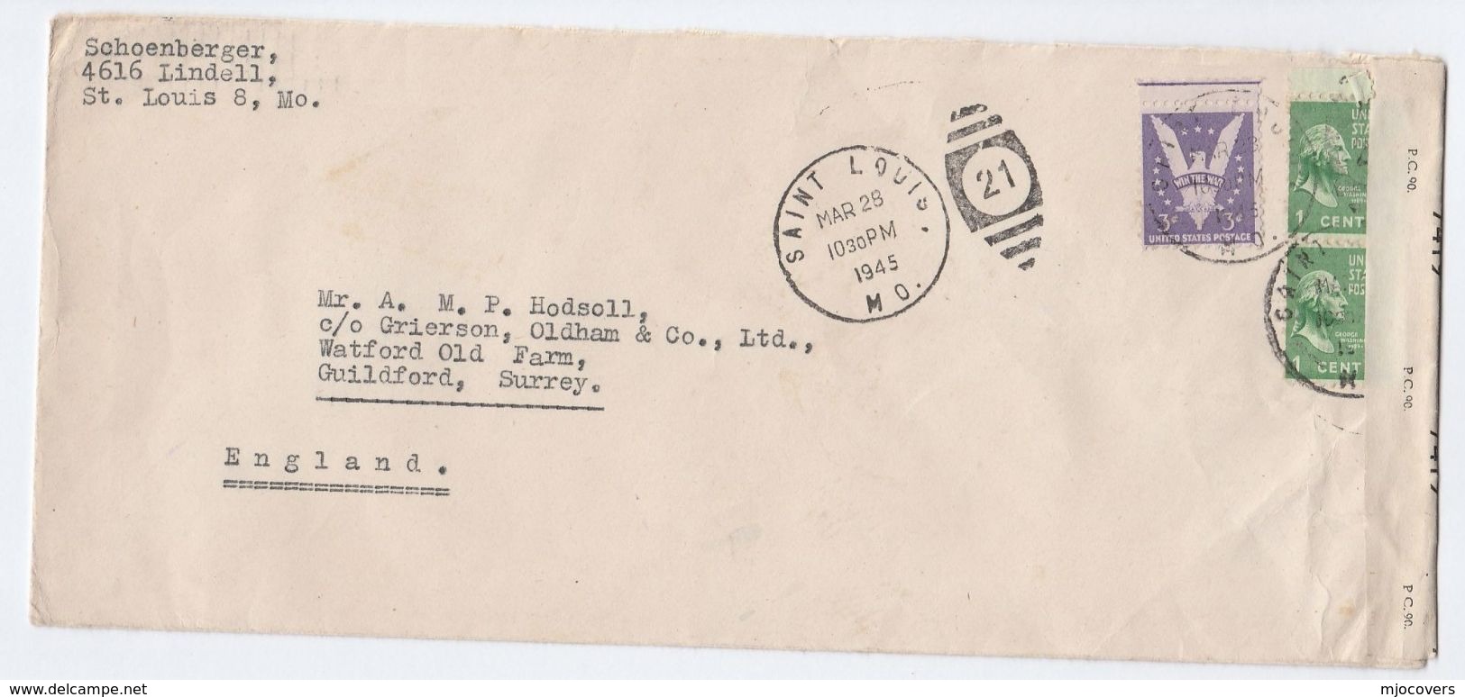 1945 USA CENSOR  COVER St Louis To GB Censored Stamps - Covers & Documents