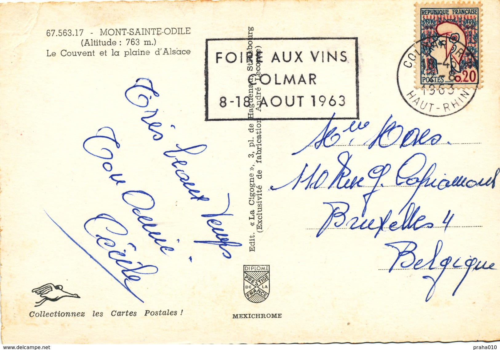 L4090 - France (1963) Colmar: Wine Fair COLMAR 8-18 August 1963 (postcard: Mont-Sainte-Odile); Tariff: 0,20 F - Wein & Alkohol