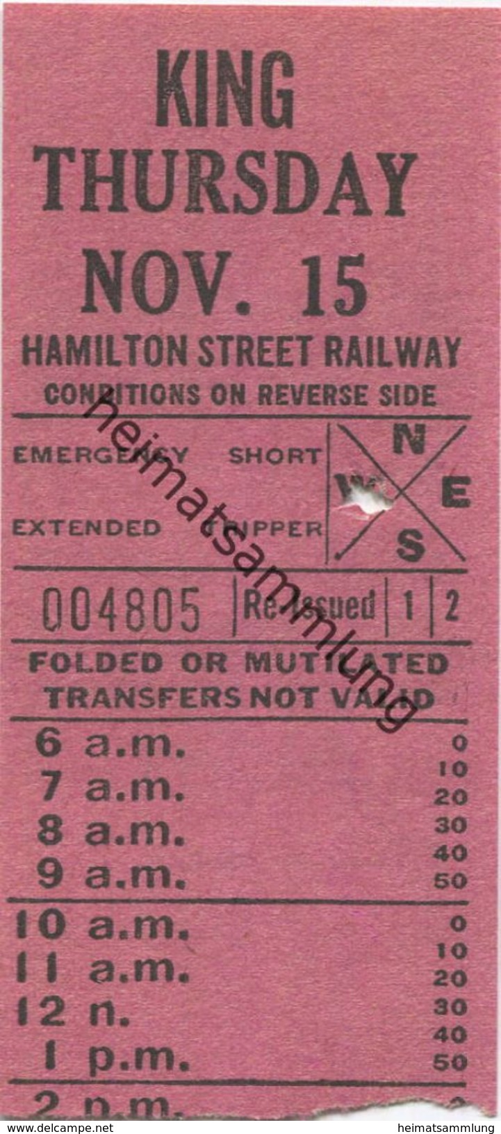 Kanada - Canada - HSR - Hamilton Street Railway - King - Fahrschein - Monde