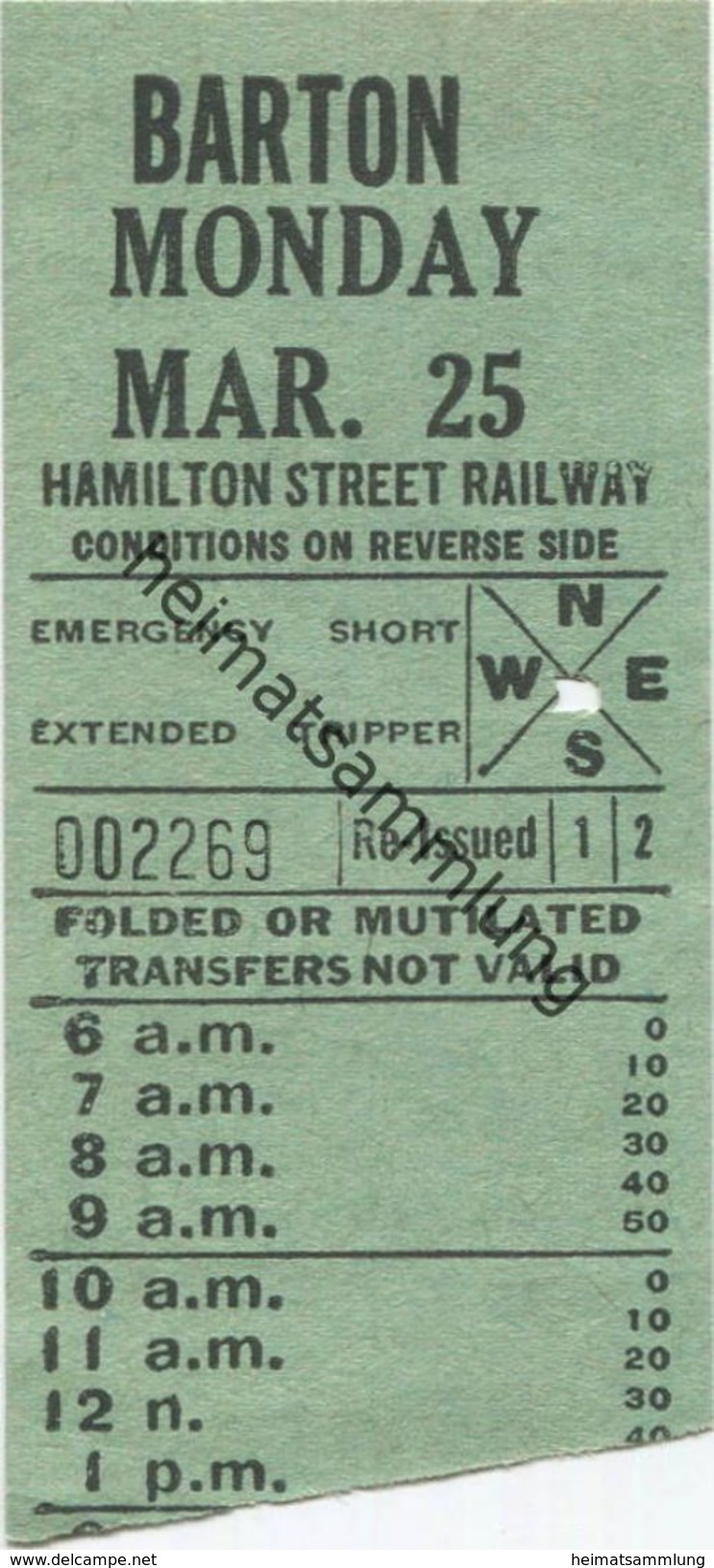 Kanada - Canada - HSR - Hamilton Street Railway - Barton - Fahrschein - Mundo