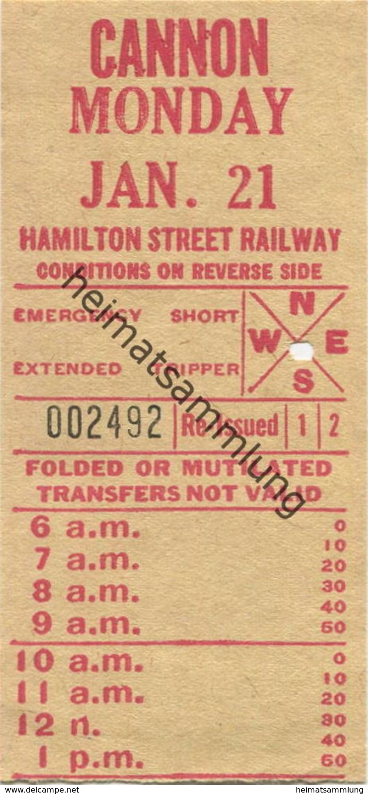 Kanada - Canada - HSR - Hamilton Street Railway - Cannon - Fahrschein - Monde
