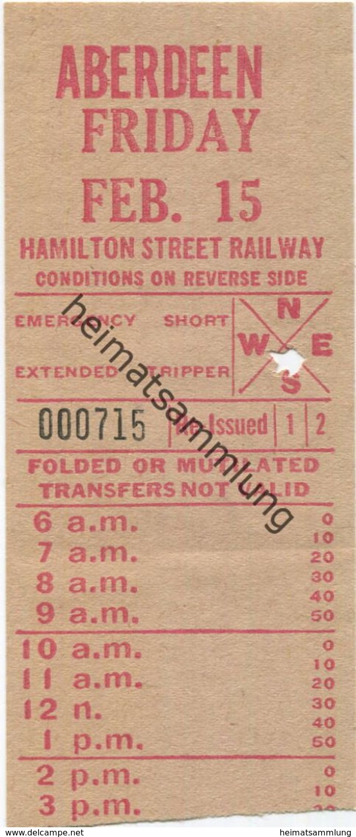 Kanada - Canada - HSR - Hamilton Street Railway - Aberdeen - Fahrschein - Welt