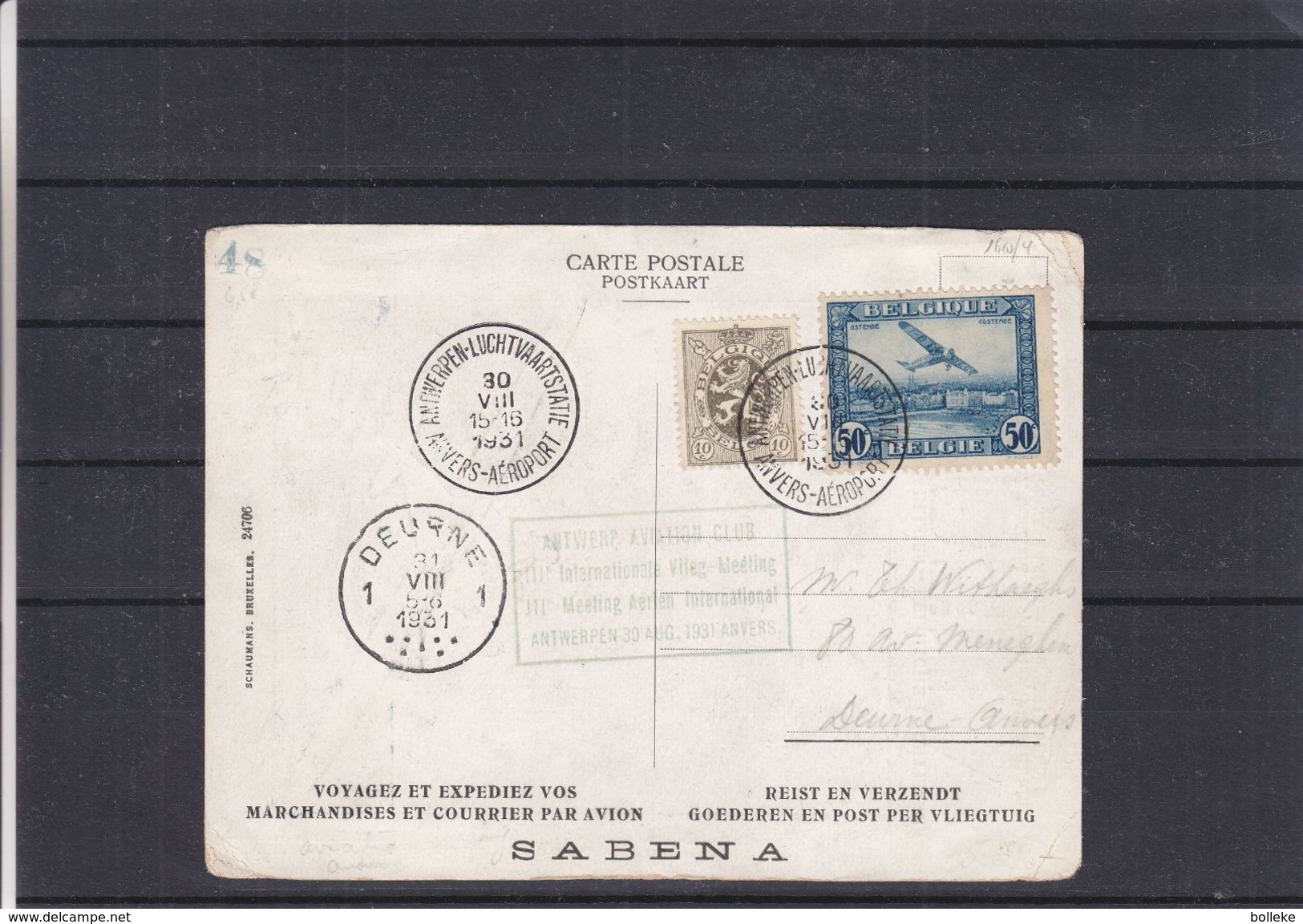 Belgique - Carte Postale De 1931 - Oblit Anvers Aéroport - Meating International - Cachet De Deurne - Carte SABENA - Covers & Documents