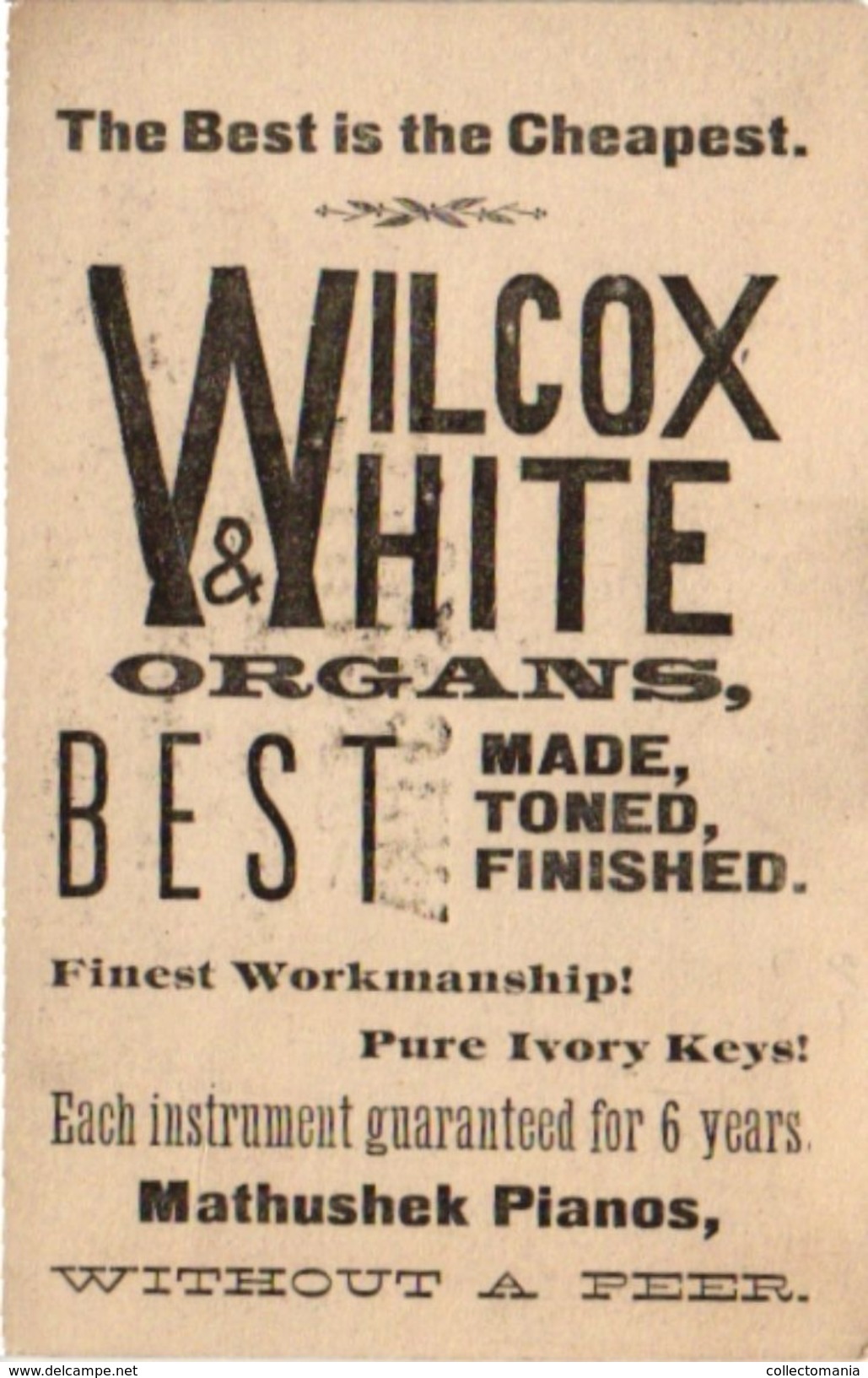 5 Trade Cards c1890 Music advertising Wilcox & White Organs Philadelphia Behr Bro's Pianos Lithography Turkey USA