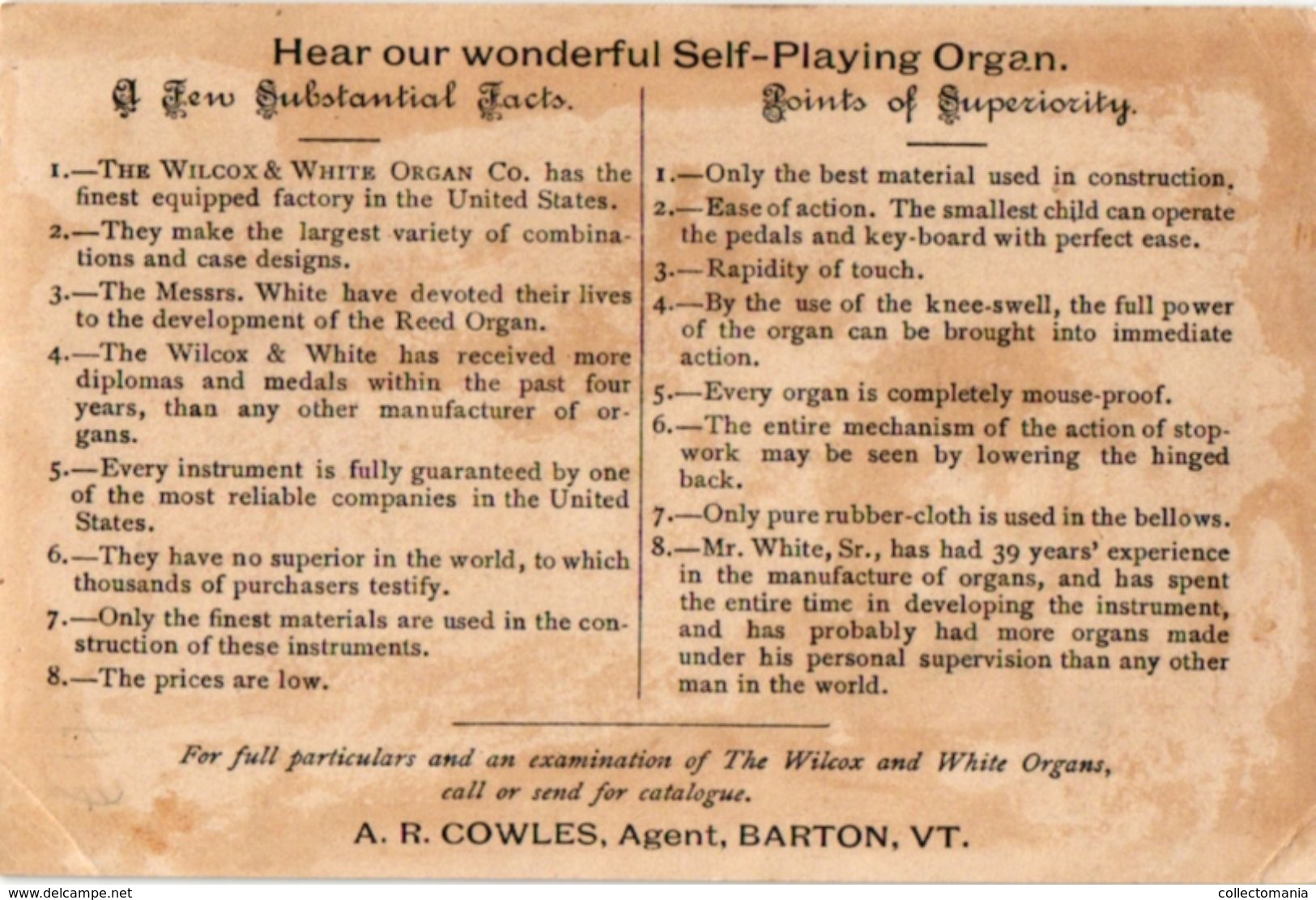 5 Trade Cards c1890 Music advertising Wilcox & White Organs Philadelphia Behr Bro's Pianos Lithography Turkey USA
