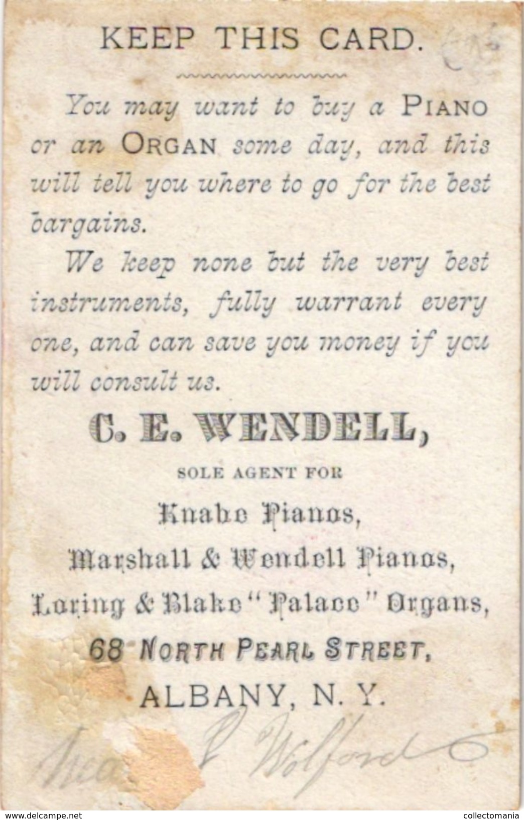 6 Trade Card Music Pub Pianos Wacker Paris Weaver Organs York Pennsylvania  Whtiney Wendell Albany   c1888   Lithography