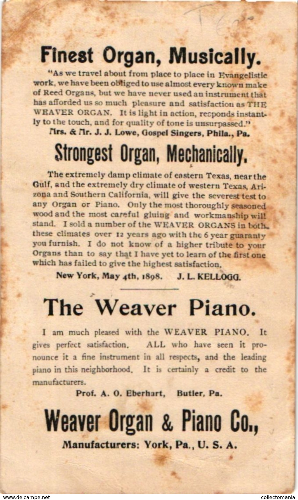 6 Trade Card Music Pub Pianos Wacker Paris Weaver Organs York Pennsylvania  Whtiney Wendell Albany   c1888   Lithography