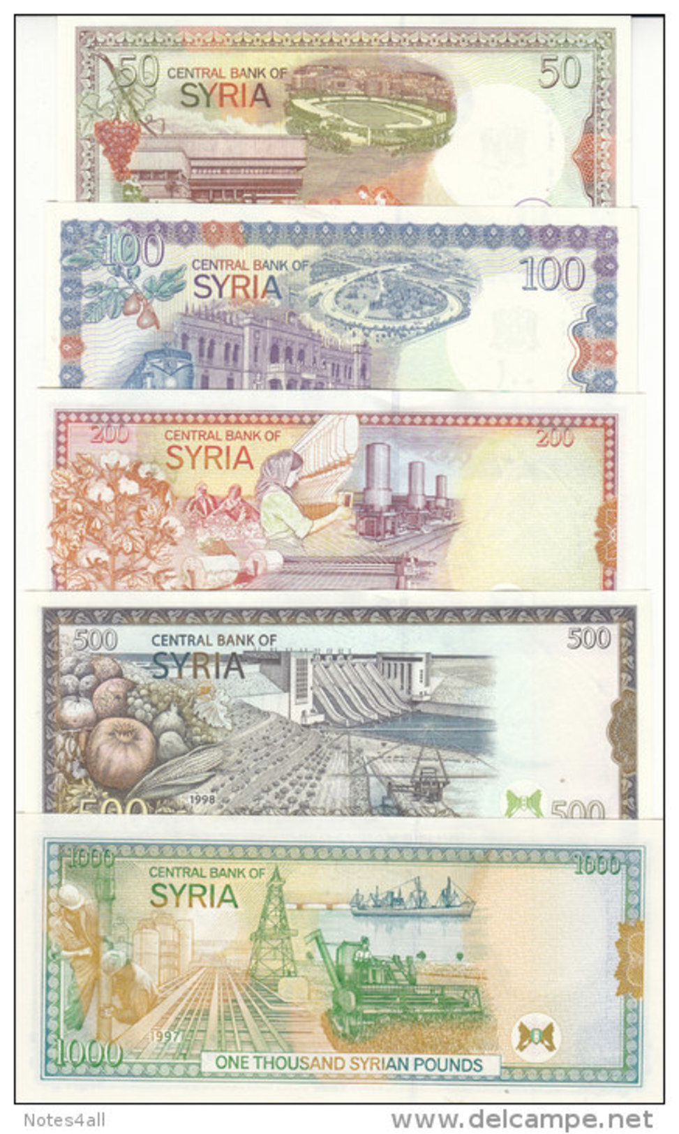 SYRIA 50 100 200 500 1000 LIRA 1997 1998 P-107 108 109 110 111 UNC SET - Syria