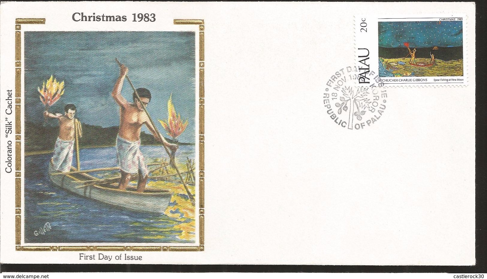 A) 1983 PALAU, CHRISTMAS MOTIVES, PEOPLE IN BOAT, INDIANS, SPEAR FISHING AT THE NEW MOON, FDC. - Palau