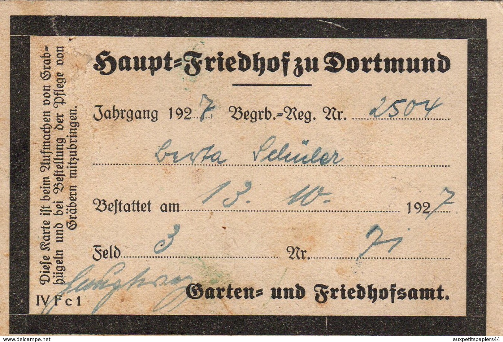 Carte De Membre Du 13.10.1927 - Haupt Friedhof Zu Dortmund - Dortmund