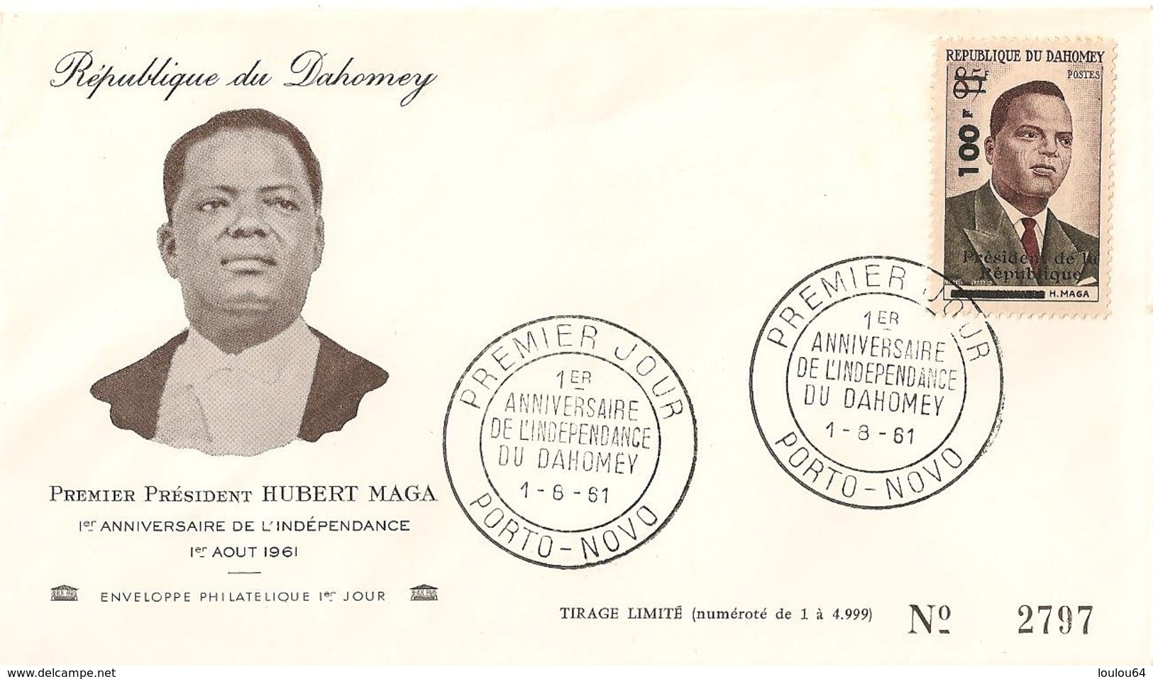 Timbre - Afrique - Bénin - Dahomey - PREMIER JOUR - N° 2797 - 1er An. De L´Indépendance - PORTO-NOVO - 1961 - - Bénin – Dahomey (1960-...)