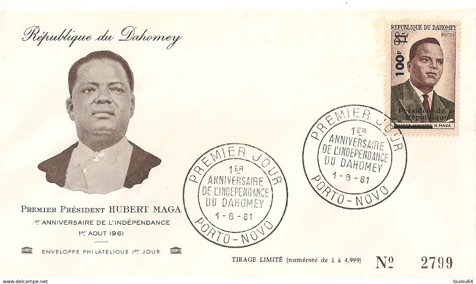 Timbre - Afrique - Bénin - Dahomey - PREMIER JOUR - N° 2799 - 1er An. De L´Indépendance - PORTO-NOVO - 1961 - - Bénin – Dahomey (1960-...)