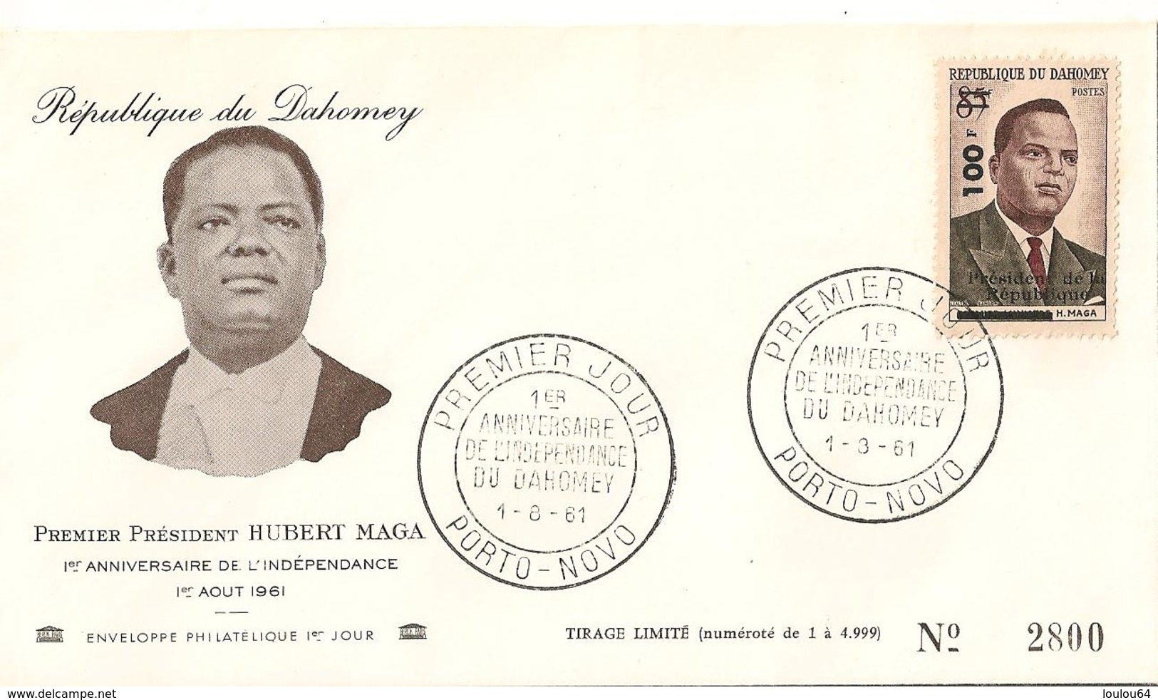 Timbre - Afrique - Bénin - Dahomey - PREMIER JOUR - N° 2800 - 1er An. De L´Indépendance - PORTO-NOVO - 1961 - - Bénin – Dahomey (1960-...)