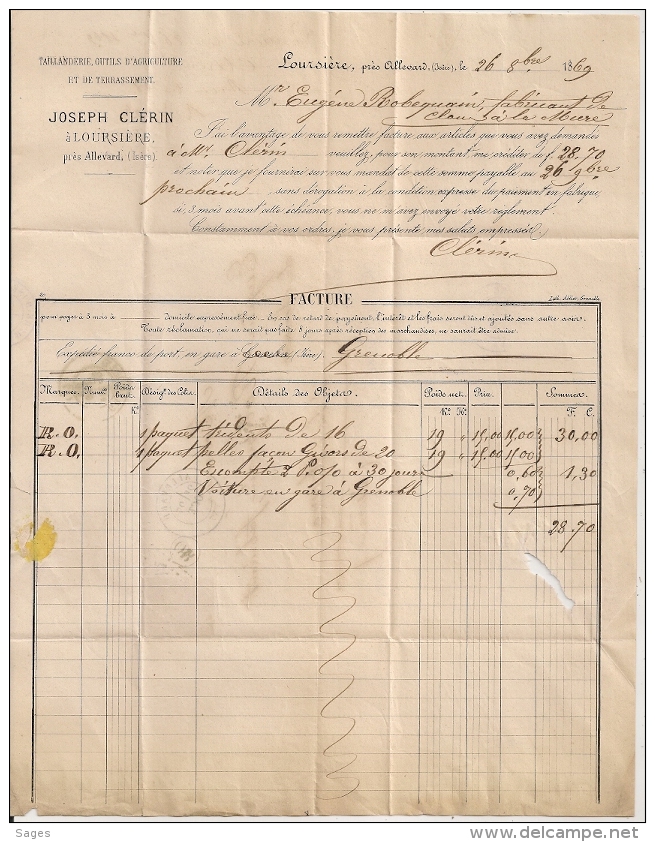 OR = LOURSIERE GC ALLEVARD Isère Sur LAC CLERIN, Taillanderie, Outils D'Agriculture Et De Terrassement. - 1849-1876: Période Classique