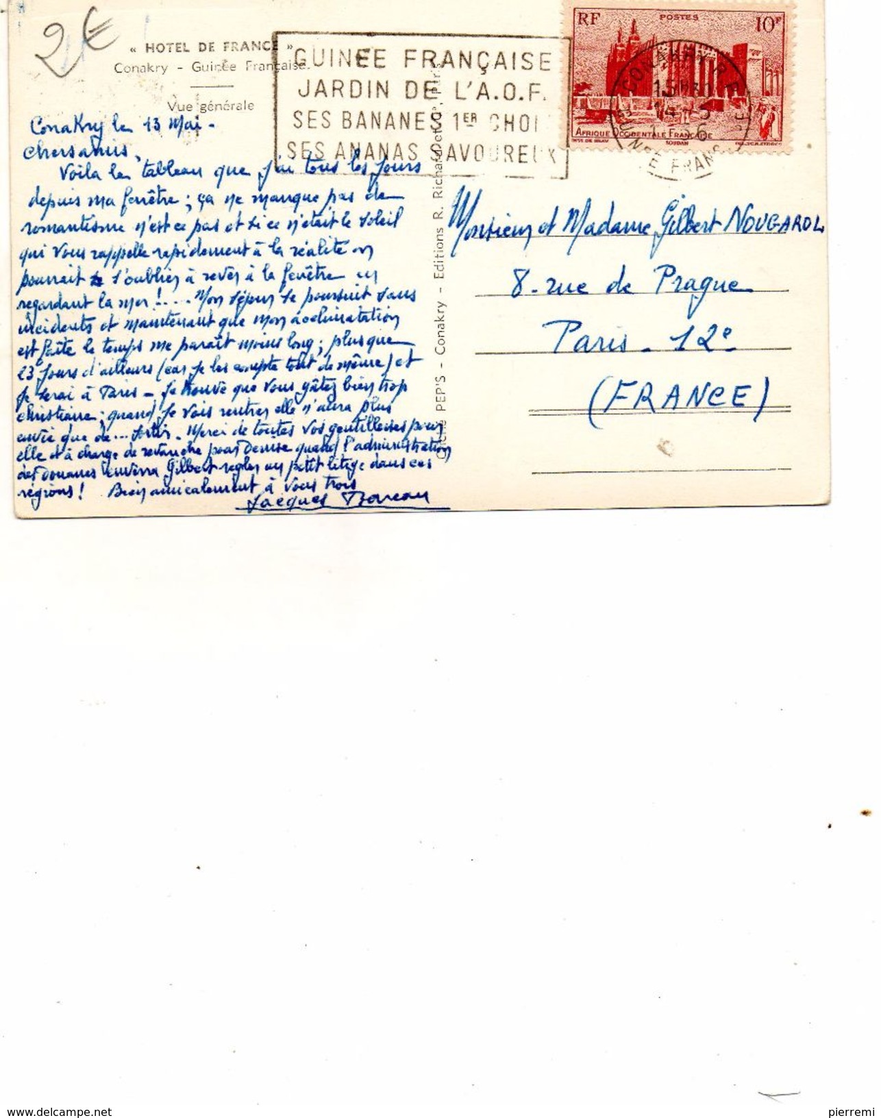 CONAKRY...hotel De France....timbre Et Flamme Au Dos..voir Scans1956 - Guinée