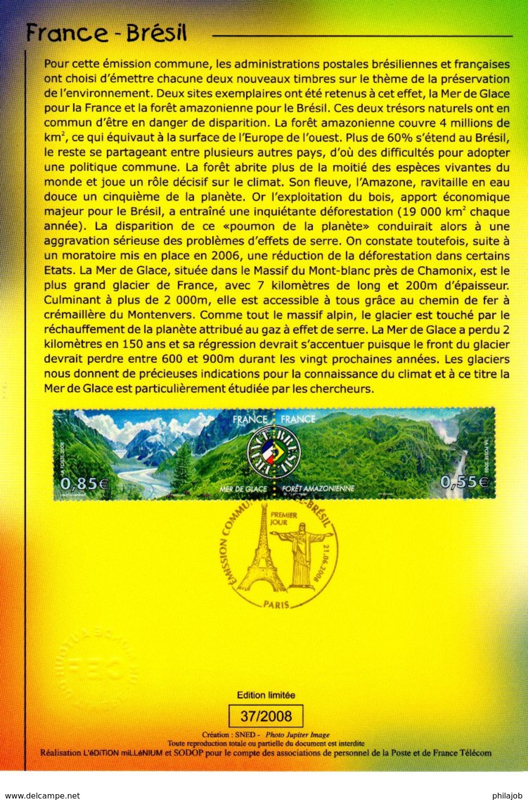 FRANCE - BRESIL 2008 : Encart 1er Jour " MERE DE GLACE / FORET AMAZONIENNE " N° YT 4255 4256. Voir Les 2 Scans. - Emissions Communes