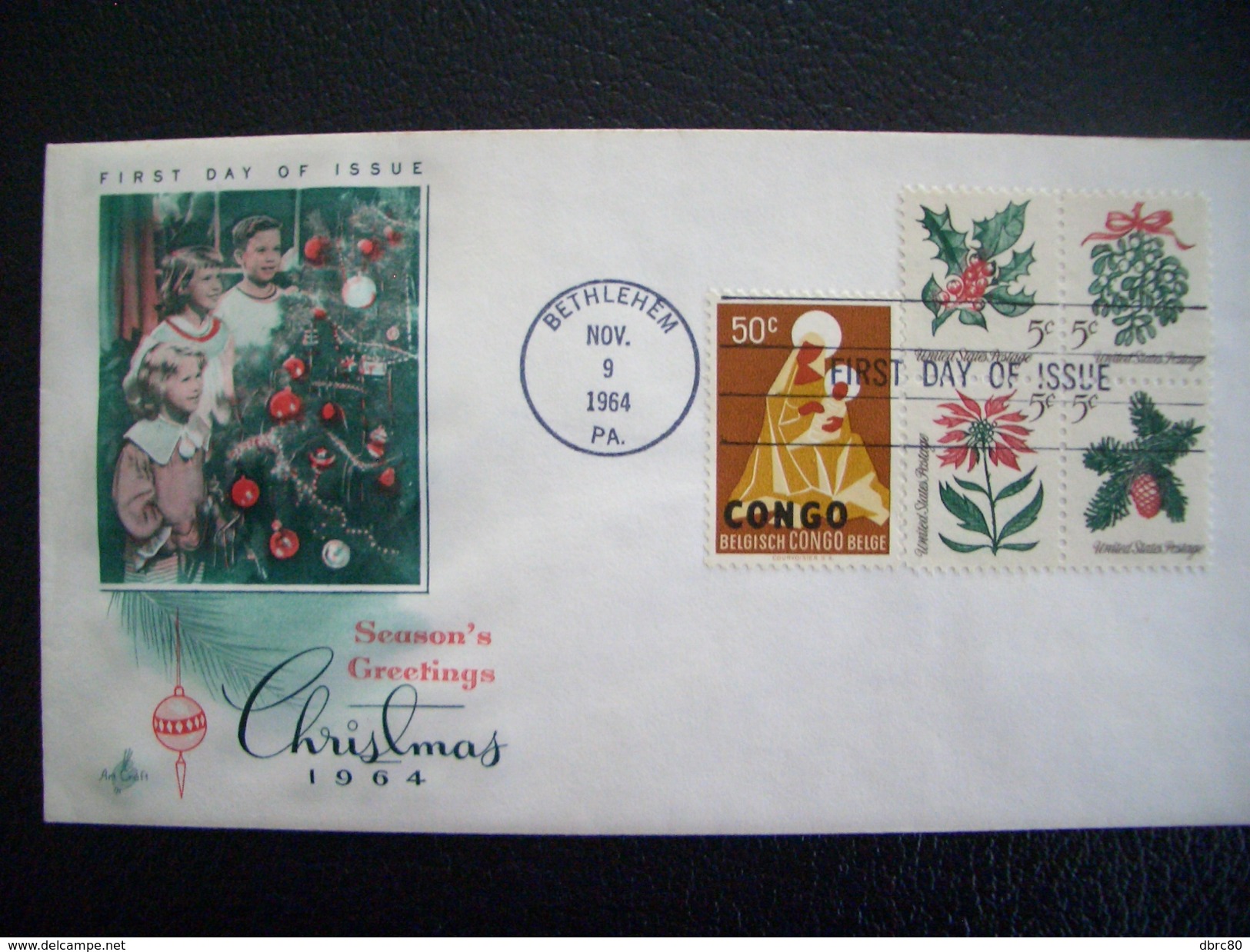 USA, United States, Christmas, 1964, Betlehem, PA, Block Of 4 Christmas Stamps + Congo Christmas Stamp - Covers & Documents