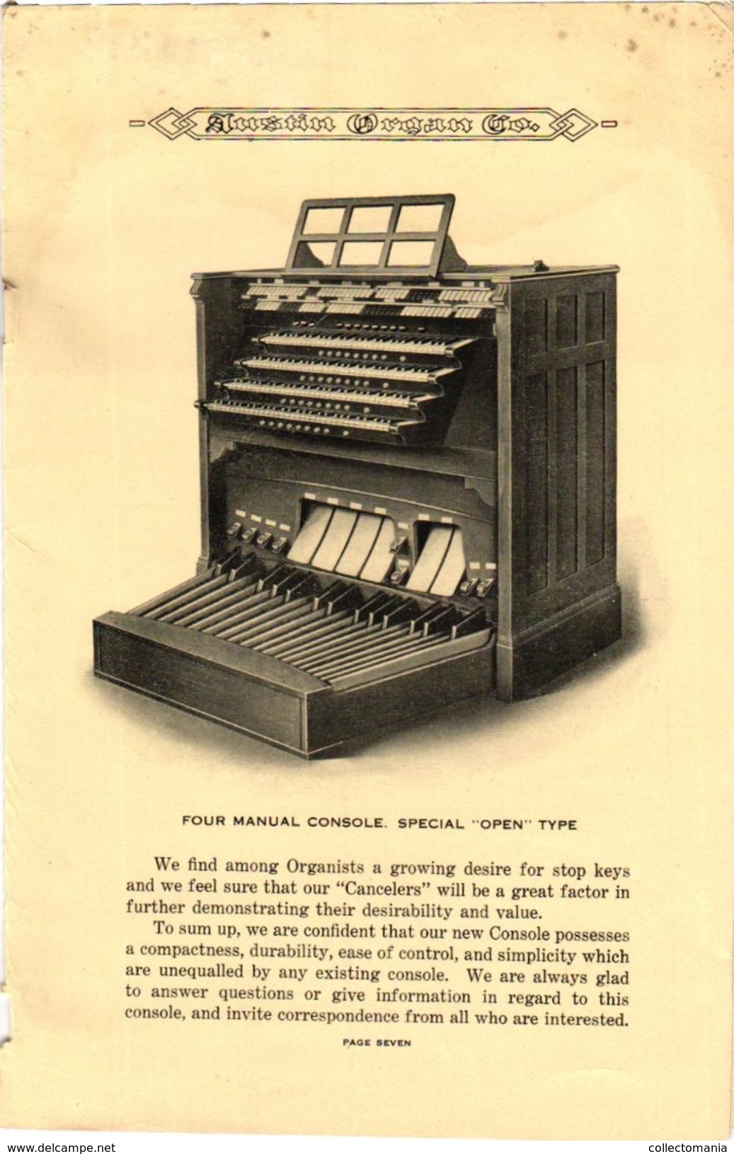 1 Folder Music Organs  Pub.Austin Organ  Company  New Console  Construction  Keys Open Type - Publicidad