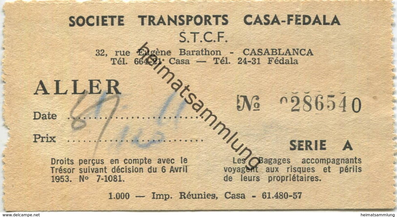 Marokko - Casablanca - S. T. C. F. Societe Transports Casa-Fedala - Fahrschein 50er Jahre - World