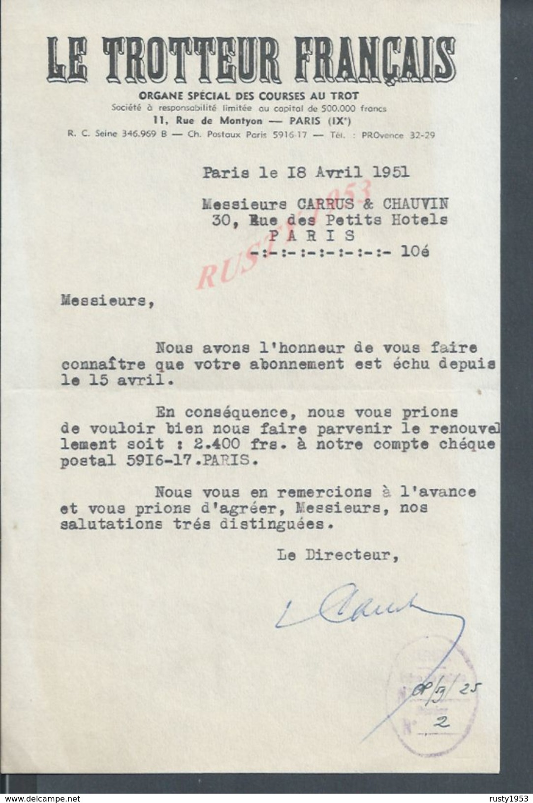 EQUITATION HIPPISME LETTRE AVEC TAMPON COURSE DE CHEVAUX  LE TROTTEUR FRANÇAIS PARIS RUE DE MONTYON 1951 : - Equitation