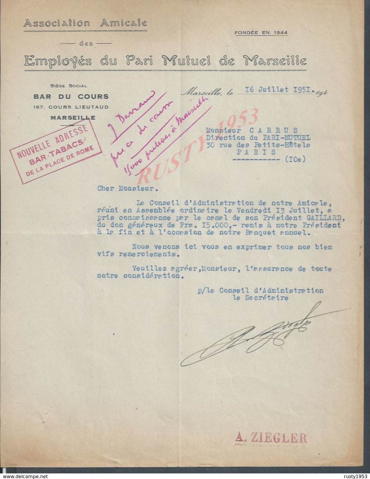 LETTRE ASSOCIATION DE EMPLOYES DU PARI MUTUEL DE MARSEILLE 1951 : - Equitation