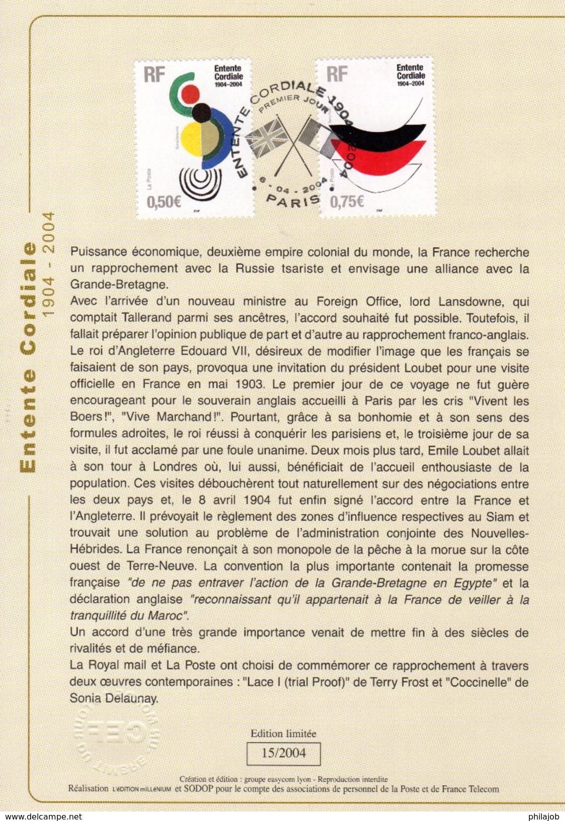 FRANCE - ROYAUME-UNI 2004 : Encart 1er Jour " 100 ANS DE L'ENTENTE CORDIALE " N° YT 3657 3658. Voir Les 2 Scans. - Emissions Communes