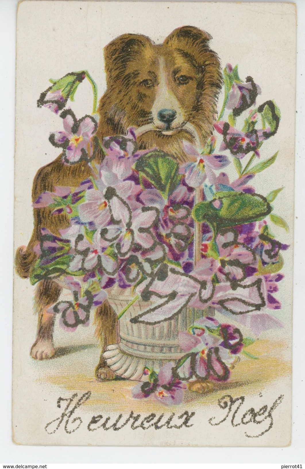 CHIENS - DOG - Jolie Carte Fantaisie Avec Paillettes Chien Avec Panier De Violettes - Cani