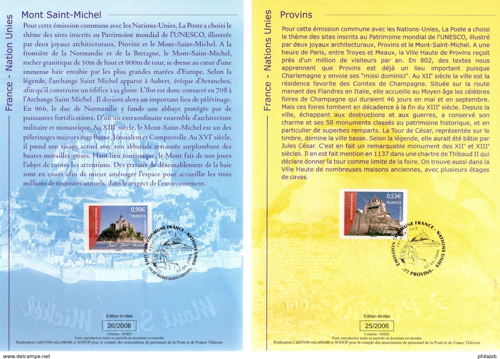 FRANCE - ONU 2006 : 2 Encarts 1er Jour " MONT-SAINT-MICHEL / PROVINS " N° YT 3923 3924. Voir Les 2 Scans. - Emissions Communes
