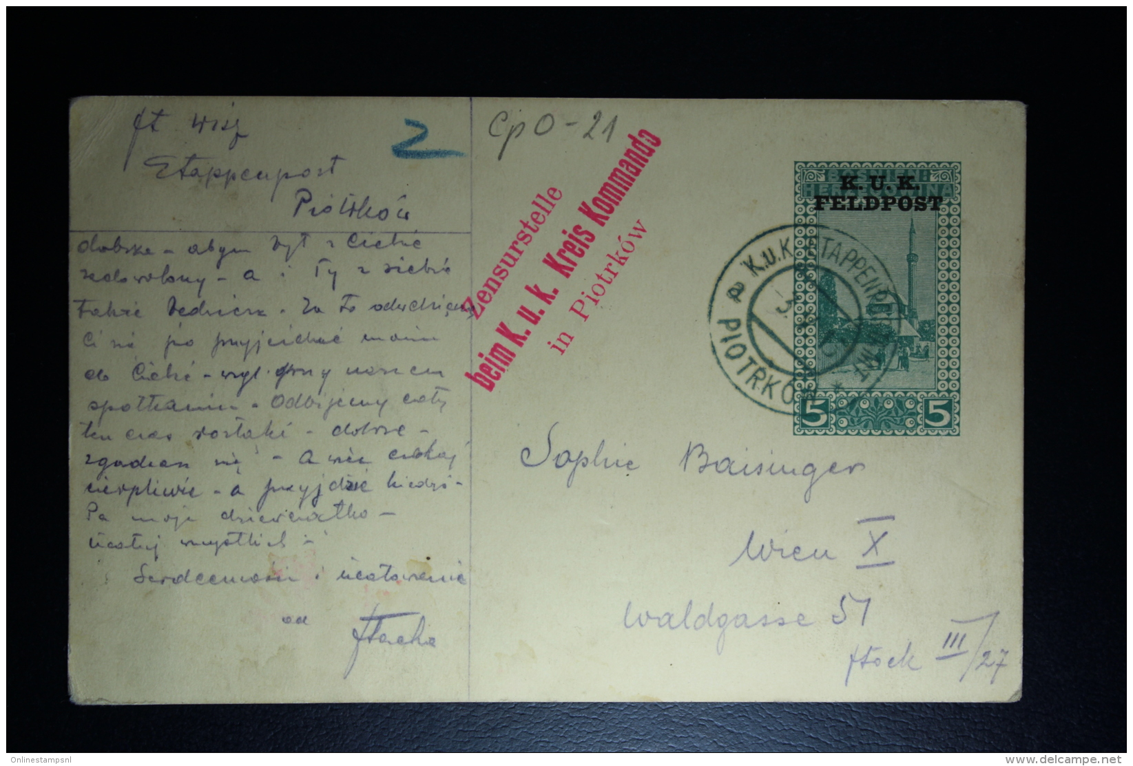 AUSTRIA: KuK Postcard Piotrkow 1915 To Vienna Censor Cancel - Briefe U. Dokumente