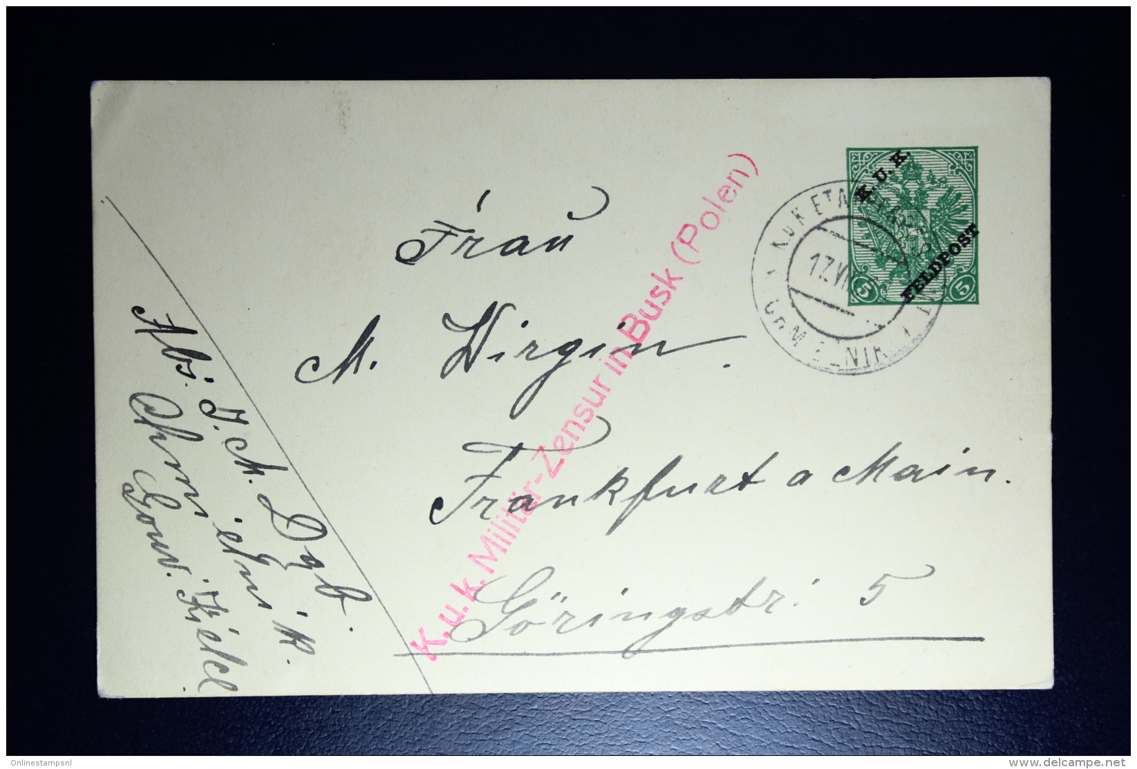 AUSTRIA: KuK Postcard Etappenpost In Poland  Chmielnik 1916 To Frankfurt Censor Cancel Busk F2 - Lettres & Documents