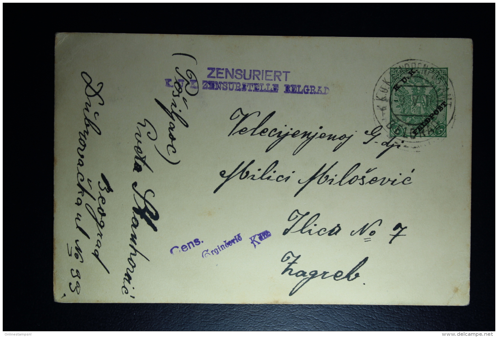 AUSTRIA: KuK Postcard Etappenpost  Serbia Belgrado 1916 To Zagreb Censor Cancel Belgrado - Briefe U. Dokumente