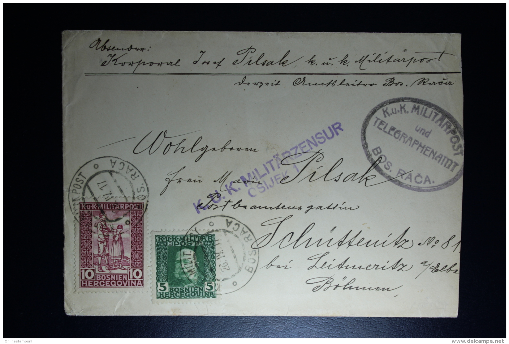 AUSTRIA: KuK Cover Etappenpost Bosnie-Herzegowina Bos Raca 1917 Osijek  To Bohman Waxsealed Censor  Mixed Franking - Briefe U. Dokumente