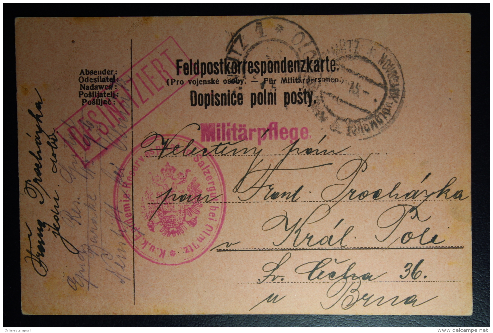 AUSTRIA: KuK Postcard Etappenpost  Salzergut 1915 Neustift Olmutz Desinfiziet Epedimie Hospital Salzergut - Briefe U. Dokumente