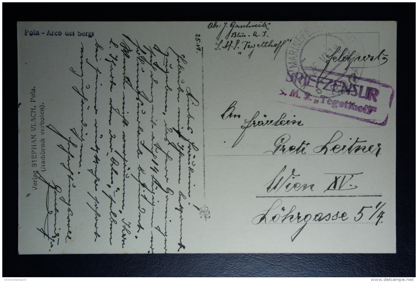 AUSTRIA: KuK Postcard Etappenpost  SMS Tegetthoff  Marinefeldpostamt Pola 1918 To Vienna   Sensor Cancel - Briefe U. Dokumente