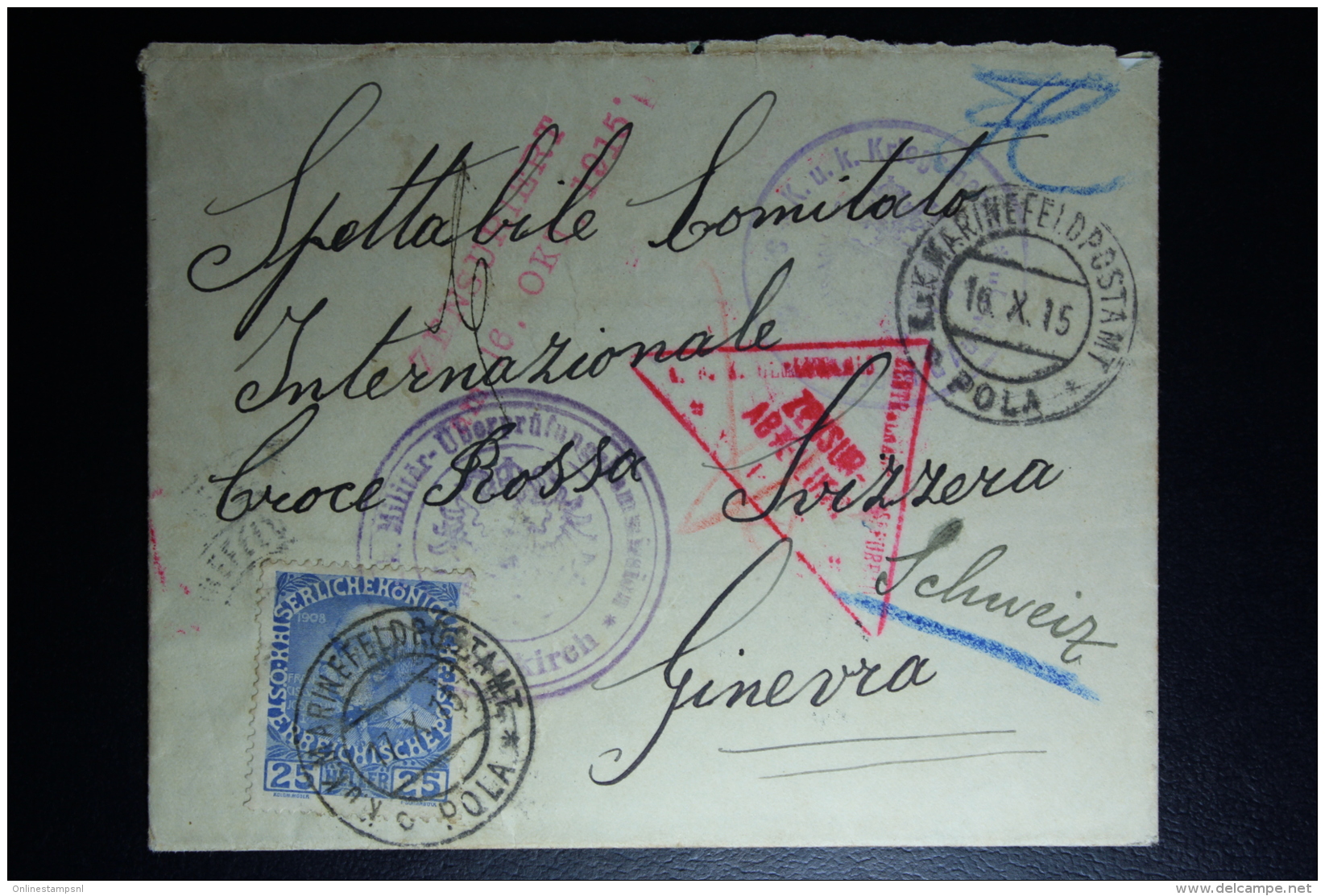 AUSTRIA: KuK Cover Etappenpost  Marinefeldpostamt Pola 1915 Vienna To Geneva   Sensor Cancel - Briefe U. Dokumente