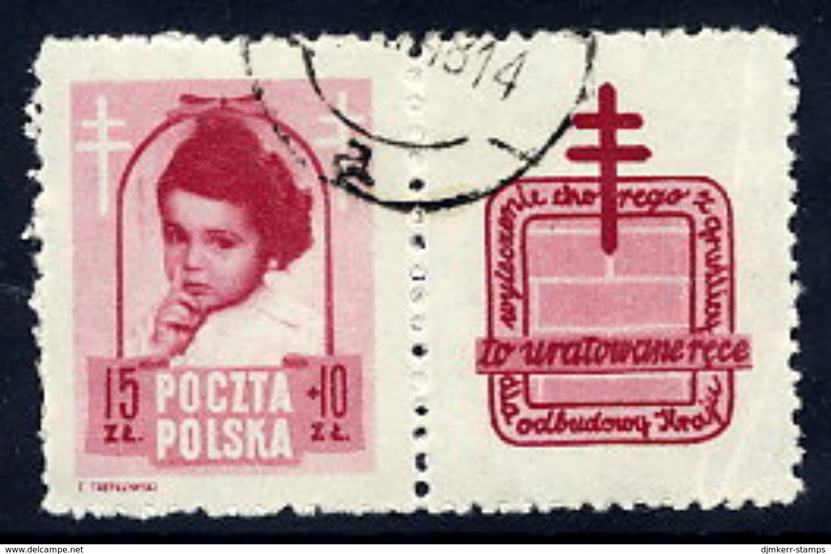 POLAND 1948 Anti-Tuberculosis Fund 15+10 Zl. With Label, Used.  Michel 514 Zf, Fischer 488 Pw6 - Gebruikt