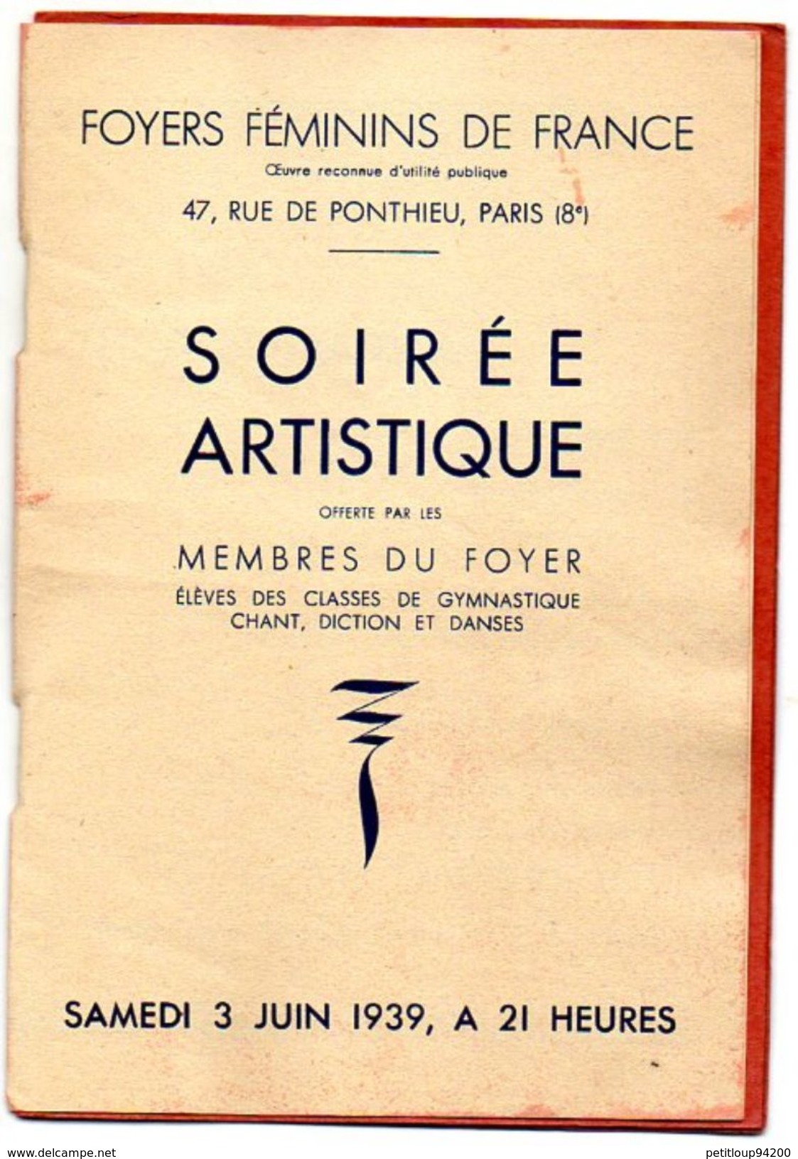 PROGRAMME SOIREE ARTISTIQUE FOYERS FEMININS DE FRANCE FFF Gymnastique Chant Dictons Et Danse  JUIN1939 - Gymnastique