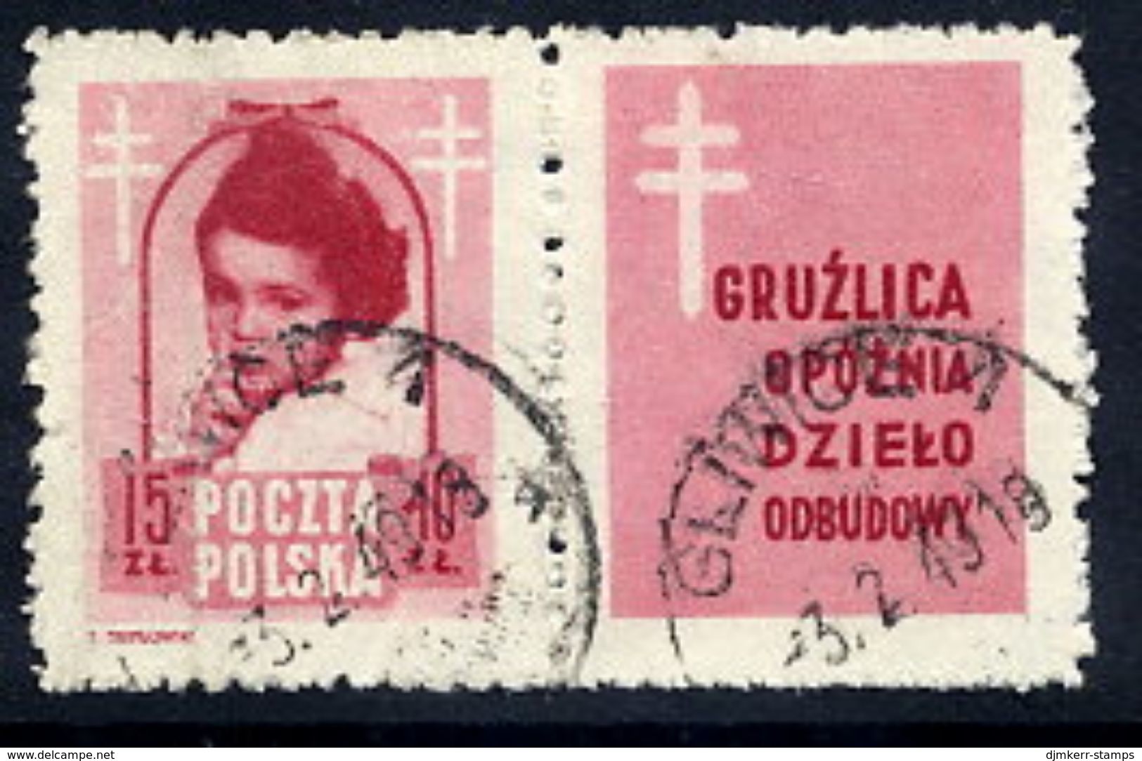 POLAND 1948 Anti-Tuberculosis Fund 15+10 Zl. With Label, Used.  Michel 514 Zf, Fischer 488 Pw5 - Gebraucht