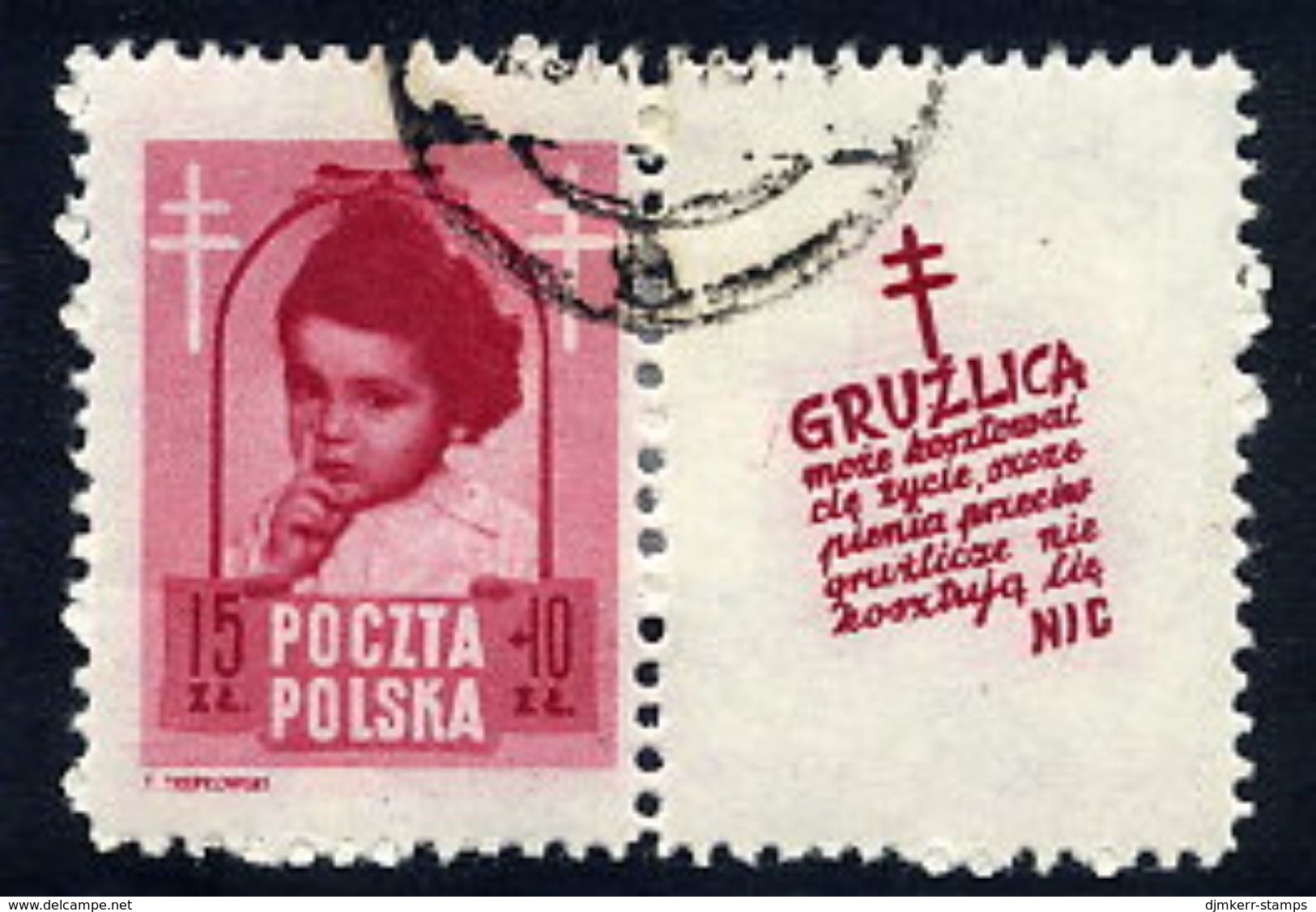 POLAND 1948 Anti-Tuberculosis Fund 15+10 Zl. With Label, Used.  Michel 514 Zf, Fischer 488 Pw10 - Usados