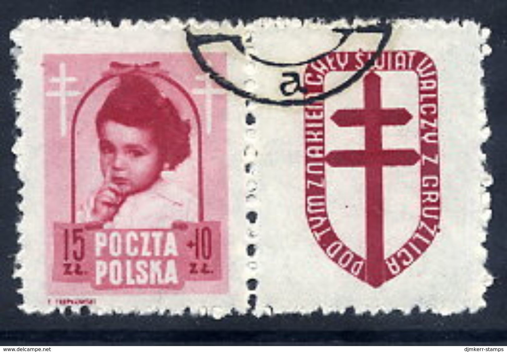 POLAND 1948 Anti-Tuberculosis Fund 15+10 Zl. With Label, Used.  Michel 514 Zf, Fischer 488 Pw8 - Gebraucht