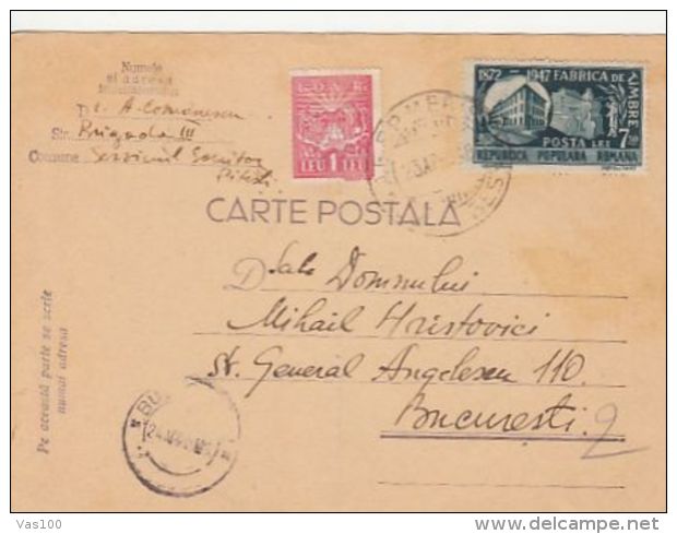 REVENUE STAMP, STAMPS FACTORY, STAMPS ON POSTCARD, 1948, ROMANIA - Cartas & Documentos