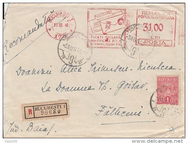 REVENUE STAMP, AMOUNT 31 RED MACHINE, STAMPS ON REGISTERED COVER, 1948, ROMANIA - Briefe U. Dokumente