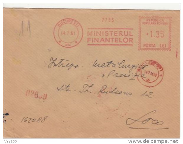 AMOUNT 1.35, FINANCE MINISTRY, BUCHAREST, RED MACHINE STAMPS ON REGISTERED COVER, 1961, ROMANIA - Storia Postale