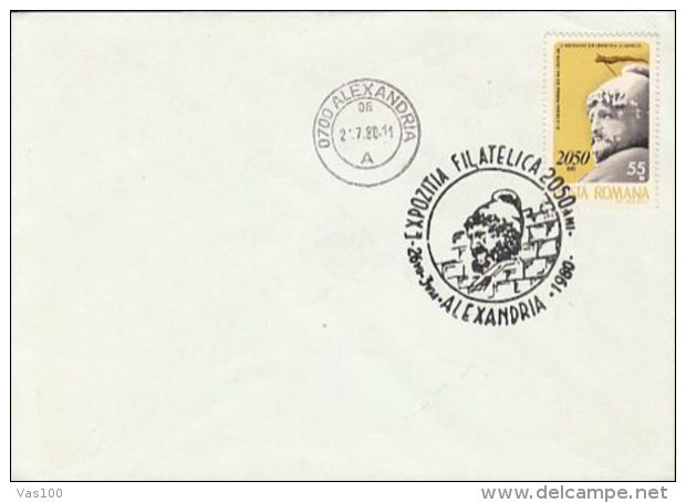 DACIAN STATE ANNIVERSARY, KING BUREBISTA, SPECIAL POSTMARK AND STAMP ON COVER, 1980, ROMANIA - Lettres & Documents