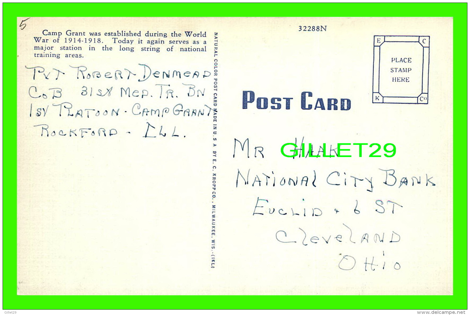 ROCKFORD, IL - CAMP GRANT U. S. POST OFFICE - WRITTEN -  E. C.&nbsp;KROPP CO - - Rockford