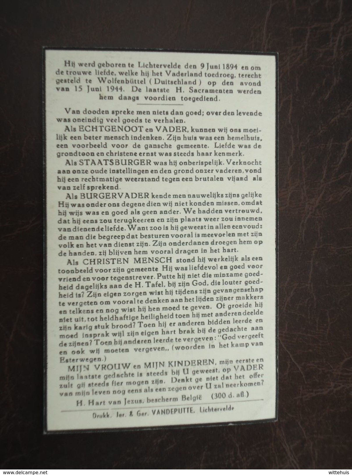 Oorlogslachtoffer Eugeen Callewaert Geboren Te Lichtervelde 1894 Terechtgesteld In Wolfenbuttel Duitsland 1944 (2scans) - Religione & Esoterismo