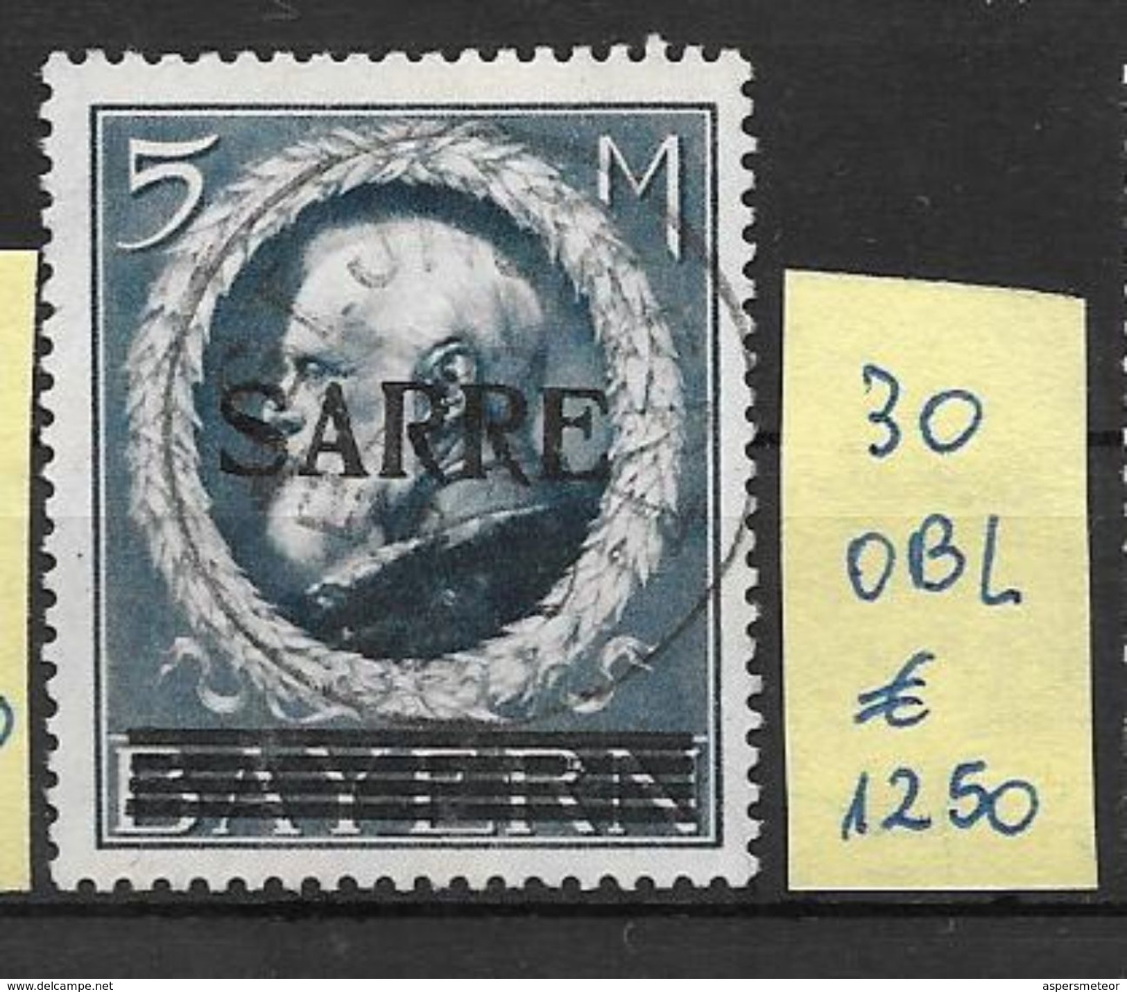 SARRE SAAR AN 1920 YVERT NR. 30 OBLITERE AVEC 2 CERTIFICATIONS D'EXPERTS ED. LOCARD ET SEBASTIAN GRUNBERG - Gebruikt